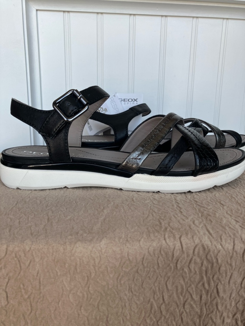 Geox Respira Leather Sandals Black Silver Ankle Strap EU 39 Italy